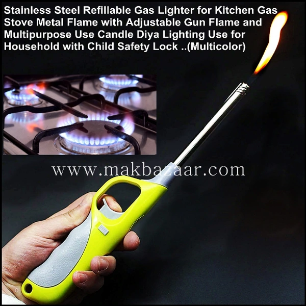 Stainless Steel Refillable Gas Lighter for Kitchen Gas Stove Metal Flame with Adjustable Gun Flame and Multipurpose Use Candle Diya Lighting Use for Household with Child Safety Lock ..(Multicolor)  